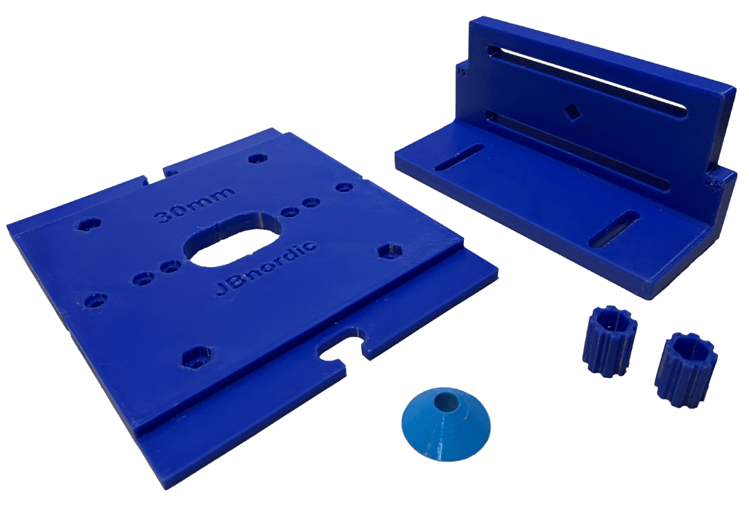 Shoowing all the pieces of the Tooljab tenon jig in blue. that lets you Achieve flawless mortises every time with the Tooljab Tenon Jig. Easily adjust to multiple stock thicknesses while the fence stays perfectly square for precise results. Ideal for woodw