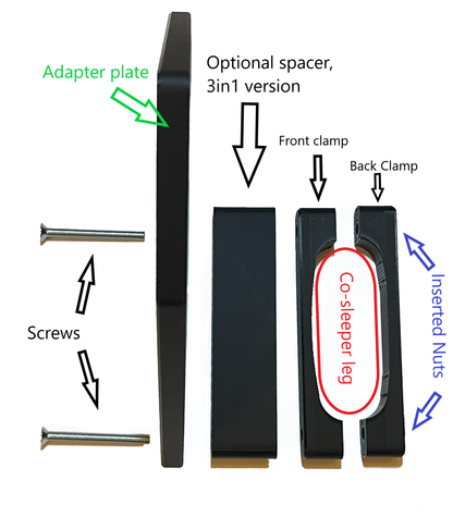 Shows the assembly of the Maxi-cosi_Iora black CribClamp musical mobile attachment adapter bracket  for the Maxi- cosi Iora co-seelper